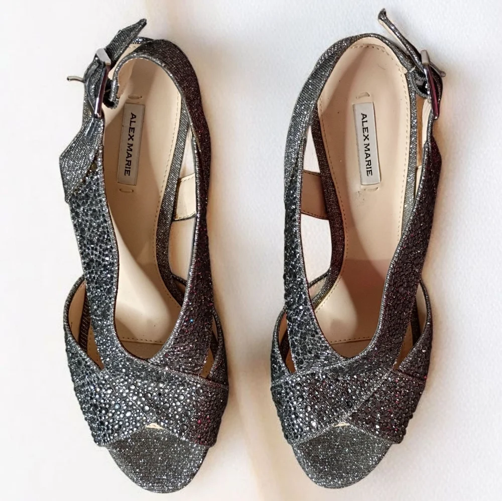 Alex Marie Silver Rhinestone Heels – Luxe Glam Elegant Slingback Open Toe 7.5 - Picture 9 of 10